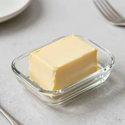 photo butter in a glass transparent butter dish on the table
