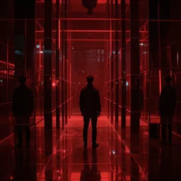 dark matter red art house future alone man going limbo hipper cubes reflection in the mirror maze schizophrenia and stratification of consciousness mind man full HD 8K resolution