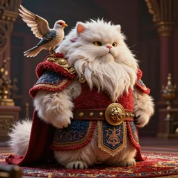 photorealistic portrait of a magic Fluffy 3d Persian Carpet warrior, everything is carpet and 3d, bird on his shoulder, surreal, immense detail, epic, striking