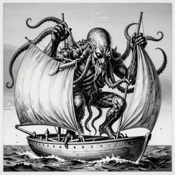 black and white etching of cthulhu playing with a sailboat in the style of martin lewis