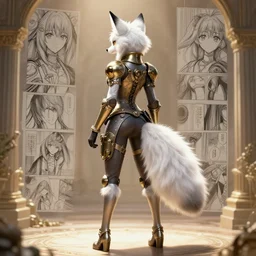the full body of anthropomorphic lynx fursona from behind wearing a steampunk suit as unimaginably beautiful, gorgeous, elegant, young woman with lynx head, fluffy tail, paw pads, by furaffinity, anime, manga, kim jung gi, irakli nadar, intricate linework, white fur, unreal engine 5 highly rendered, global illumination, radiant light, detailed and intricate environment