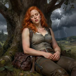 tired Christina Hendricks taking a rest under a tree after an long adventure a ruggedly muscled handsome heroine, intricate, elegant, highly detailed, centered, digital painting, artstation, concept art, smooth, sharp focus, illustration, artgerm, donato giancola, Joseph Christian Leyendecker, WLOP, Artgerm, thunder storm