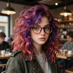stylish girl with freckles glasses and wild colorful hair, detailed cafe background | | fine detail!! anime!! realistic shaded lighting!!, directional lighting 2 d poster by ilya kuvshinov, magali villeneuve, artgerm, jeremy lipkin and michael garmash and rob rey