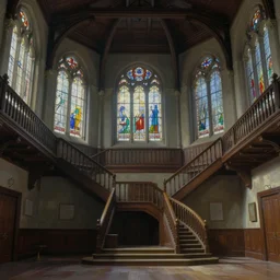 main hall of a castle with dark wood trim and stained glass windows, with a grand staircase that leads to many balconies, subtle lovecraftian vibes, looking upwards, hyper detailed ethereal, oil painting, colored, detailed, mc escher