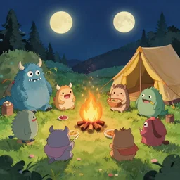 lab to create cute monsters and creatures joyfully having a bonfire and feast, basking under moonlight in a campsite, natural lighting, playful color scheme, intricate details, matte painting, illustration, by hayao miyazaki
