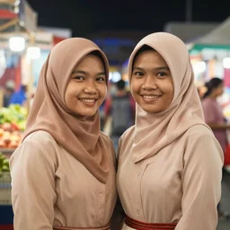 color photo portrait of two indonesian girls in the market at night, smile for cam, 1 9 9 0 photograph magazine