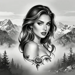 tattoo design sketch of a very beautiful woman against a background of beautiful mountains and nature, hyper - realistic, in the style of den yakovlev, amazing detail, black and white