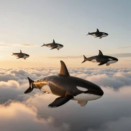 8 k photography, photo manipulation, orcas flying in clouds, golden hour, hyper realistic, high definition