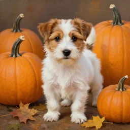 a very cute scruffy long haired jack russell terrier puppy, white with brown spots and a brown patch over each eye, amidst piles of pumpkins. halloween autumn fall art. beautiful painting by alphonse mucha and artgerm and greg rutkowski