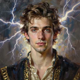 painting by krenz cushart, portrait of a handsome prince, around lightenings, finely detailed features, intricate brush strokes, beautiful lighting, trending on pixiv fanbox.