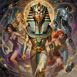 a whirlwind of souls rushing inside the metaverse, half body, glowin eyes, tiara, pharaoh, android, cyborg, cyberpunk face, by loish, d & d, fantasy, intricate, elegant, highly detailed, colorful, digital painting, artstation, concept art, art by artgerm and greg rutkowski and alphonse mucha and ruan jia