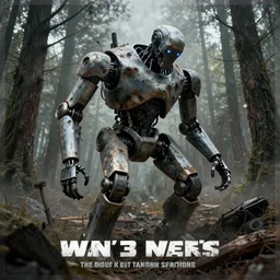exhausted weaponized robot, forest,, gritty, no man's land, ww 3, apocalyptic, poster