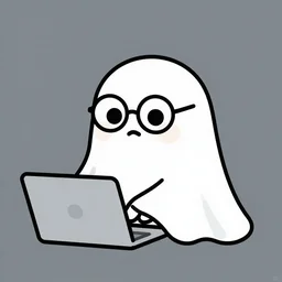 simple vector illustration of a cute and friendly ghost, wearing glasses, typing on a laptop