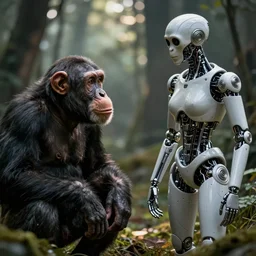 chimpanzee looking curiously at a postbiological transhuman cyborg, hd photograph