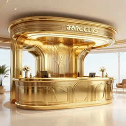 atlantis paradise front desk, a retro futuristic spaceship made of brass, art deco influence, hotel style design. clean cel shaded vector art. shutterstock. behance hd by lois van baarle, artgerm, helen huang, by makoto shinkai and ilya kuvshinov, rossdraws, illustration