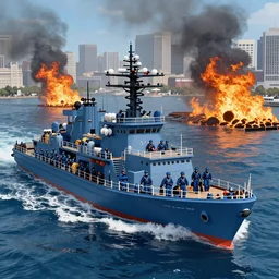 Blue Marines in a city on fire