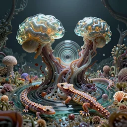 gekkolings, gelatin brains, vortices micro water, octane render, by peter mohrbacher, nudibranch, gekko soles, retro futurism, the omni, fluox symbiosi crusta, gelatinosis glass, aliena, biomechanical fauna, chaos, phantastica, mollis, fluida, lush layered, unspaceship, artificia