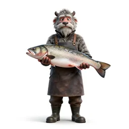 grizzled fishmonger holding a fish, high detail digital art, full body, standing, isolated on a pure white background, centered, whole figure in frame, sharp focus, studio lighting