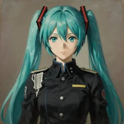 baroque oil painting full body hatsune miku art, finely detailed symmetrical perfect face studio lighting delicate features directed gaze, black military uniform, gapmoe kuudere grimdark, trending on pixiv fanbox, painted by greg rutkowski makoto shinkai takashi takeuchi studio ghibli