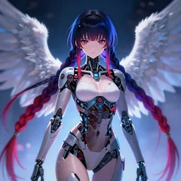 anime cyberpunk art, cute and beautiful full body female broken cyborg - angel in the style of ghost in the shell, red blue purple black fade, braided hair, dark light night like eyes, braided hair, highly intricate detailed, braided hair, advanced digital anime art, soft blur and glow, wlop and rossdraws and sakimimichan