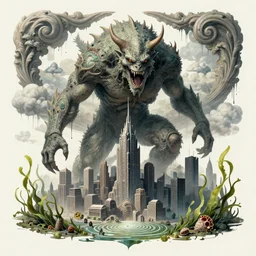 monster looms over scifi city, acanthus scroll, ceremonial clouds, dripping paint, fibonacci rhythm, kelp, barnacle, artstation, art germ, wlop, karol bak, christopher balaskas