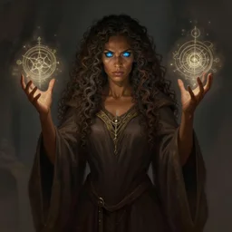 medium - length portrait of a female sorcerer, arcane sigils hovering over her hands, with long curly hair and glowing blue eyes, dark brown skin, stern expression, wears a long robe, fantasy setting, dramatic pose, highly detailed, digital painting, artstation, concept art, sharp focus, illustration, art by greg rutkowski and alphonse mucha