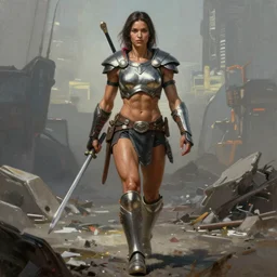 realist painting of a muscular female warrior in mjolnir mk 3 armor walking across a cyberpunk wasteland with no helmet, attractive female face, symmetrical face details, ultra realistic, very highly detailed, 8K, octane, Digital painting, concept art, illustration, rule of thirds, sharp focus, centered, Ron Cobb, Syd Mead