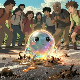 memorable animation key shot, onlookers terrified as shiny translucent jelly bean golem melts in the hot asphalt, hooks and barnacles, mud, sludge, by mandy jurgens, by satoshi kon, ilya repin, shinji kimura, william turner, pastel color palette