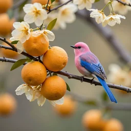 Hybrid oranges and watermelons, fruit growing on a branch, cherry blossoms that are gold in color and diaphanous, high quality, a strange pink and blue bird is perched on the branch, nature photography, f2.8, 35mm lens, bokeh, depth of field.