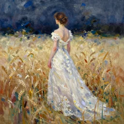 paint brush strokes, abstract watercolor painting beautiful woman from the back, wearing a long flowing lace wedding dress in a wheat field at night, ambient lighting, art by hans dahl, by jesper ejsing, art by anders zorn, wonderful masterpiece by greg rutkowski, cinematic light, american romanticism by greg manchess, impressionism by tyler edlin