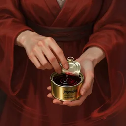 fantasy illustration of a robed woman's hands opening a small gold cannister full of dark liquid against a swirling crimson background, trending on artstation, digital art ( by jesper ejsing ) ( by clint cearley ) ( by raluca marinescu )