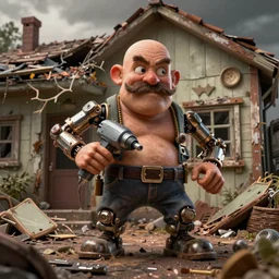 grumpy chunky bald handyman on acid with mechanical drill arms, moustache, in a wrecked home, full body, hyperrealistic digital art masterpiece, highly detailed neo pop surrealism, jason limon kay sage hannah yata, dramatic lighting, low angle, uhd 8 k, sharp focus