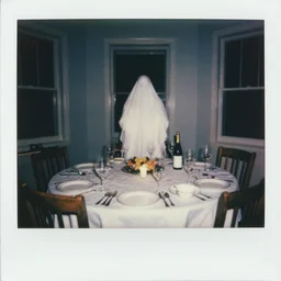 a 1 9 8 5 color polaroid of a seance at a dining room table captures the image of a ghostly apparition, hidden ghost, aged photo, authentic