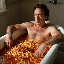 nicolas cage sitting in a tub filled with spaghetti bolognese