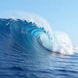 pretty render of an ocean wave, redshift, octane, clear background, blue and cyan, caustics, volumetric