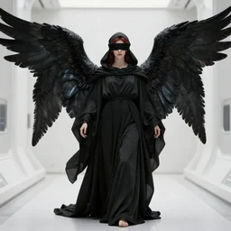 a heavenly angel in flowing black robes sporting pearlescent wings, wearing a blindfold, blind, head covered by a hood, blood red hair, alabaster, sculpted, standing in a white startship hallway, detailed, epic masterpiece, master cinematography, hyper realism, realistic shading, unreal engine, peter mohrbacher
