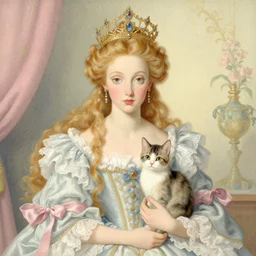 baroque rococo pastel beautiful queen with kitten Greg Hildebrandt Lisa frank portrait
