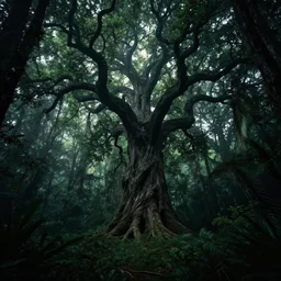 horrific, mighty, fabulous tree standing in a thickly vegetated, dark, sombre forest in a fantasy world, dreamlike light incidence, ultrarealistic, onimous