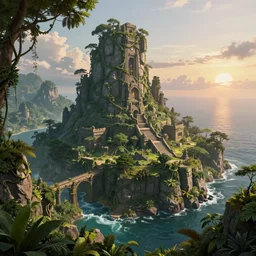 beautiful render of an island world, unreal engine, temple ruins, first light, jungle, rivers, bridges, rainforest, vines, trees, rocky outcroppings, ocean, serene sunsets, soft light, by greg rutkowski, cgsociety