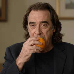 Denny de Vito eating an orange