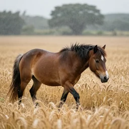 A pony is walking through a field of wheat and it is raining