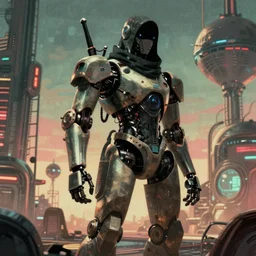 a robot hunter from bloodborne on a retrofuturism yharnam, style by retrofuturism, faded color, for 1 9 7 0 s'sci - fi, by malcolm smith