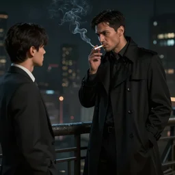 man in black trench coat smoking a cigarete spying on a man dressed in a suit, noir, concept, cinematic shot, dark city in background, dark background, half-life, dark smoke in distance, realism, medium details, blurry, 8k, ArtStation, unreal, art by zhu liu