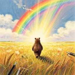 the dropout bear walking towards the horizon, by john kenn mortensen, by takashi murakami, illustration, colored pencil, gel pen, fountain pen, digital art, comic book, color grading, golden hour, vintage, field of view, warm color palette, rainbow, spectral color, rays of shimmering light, volumetric light, cotton, clouds, mist