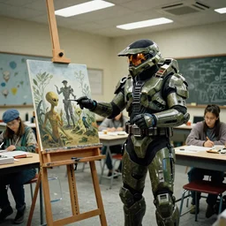 an analog photograph of Master Chief from Halo standing next to a painting easel, wearing a beret, teaching art class to aliens, Ultra HD 8k
