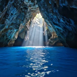 Blue cave during the day, blue water, reflections ,god rays, incredible lighting, 4k photography award winning,