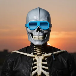 portrait of skeletor with light blue shutter shades in front of a sunset, a dark purple leather jacket, vector art by jan tengnagel, pixabay contest winner, retrofuturism, retrowave, synthwave, outrun