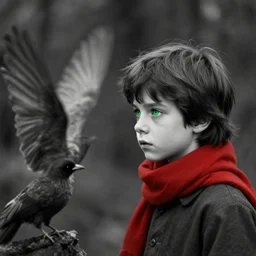 a young boy with a red scarf, medium long brown hair, green eyes, is looking at a bird, ethereal, horror, fantasy art by greg rutkowski and magali villeneuve and claude monet black and white but the eyes are green and the scarf is red