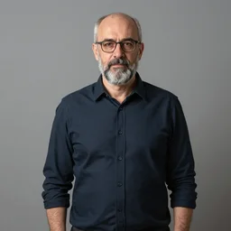 hyper - realistic photo of a man of italian and french canadian descent, age 4 7, balding, with grey hair and a neatly trimmed beard, wearing glasses, 5 foot 7 inches tall, 2 0 0 lbs