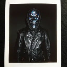 ash maker, black leather, night holographic reaper, mysterious photo realism, style of david lachapelle, flash photo